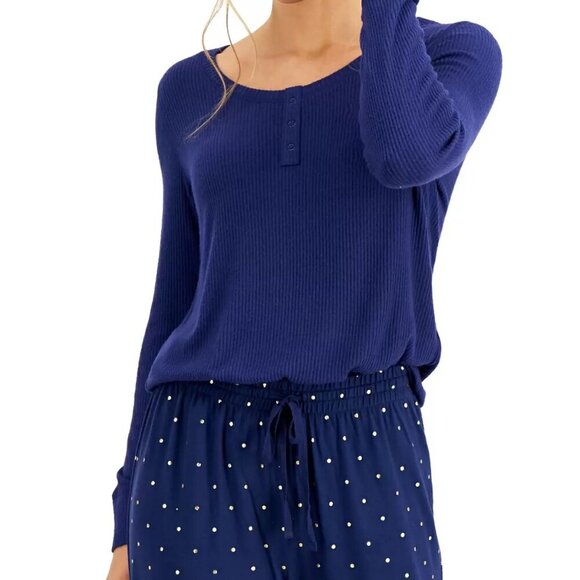 Charter Club Womens Size Large Long Sleeve Ribbed Henley Pajama Top in Blue 1267 - Picture 1 of 7